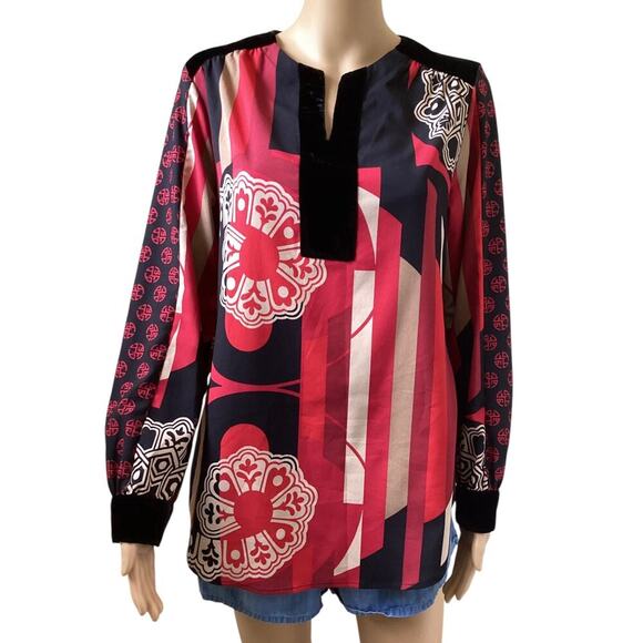 Chico's Asian Art to Wear Velvet Trim long sleeve Blouse size 0 (small) - Picture 1 of 8
